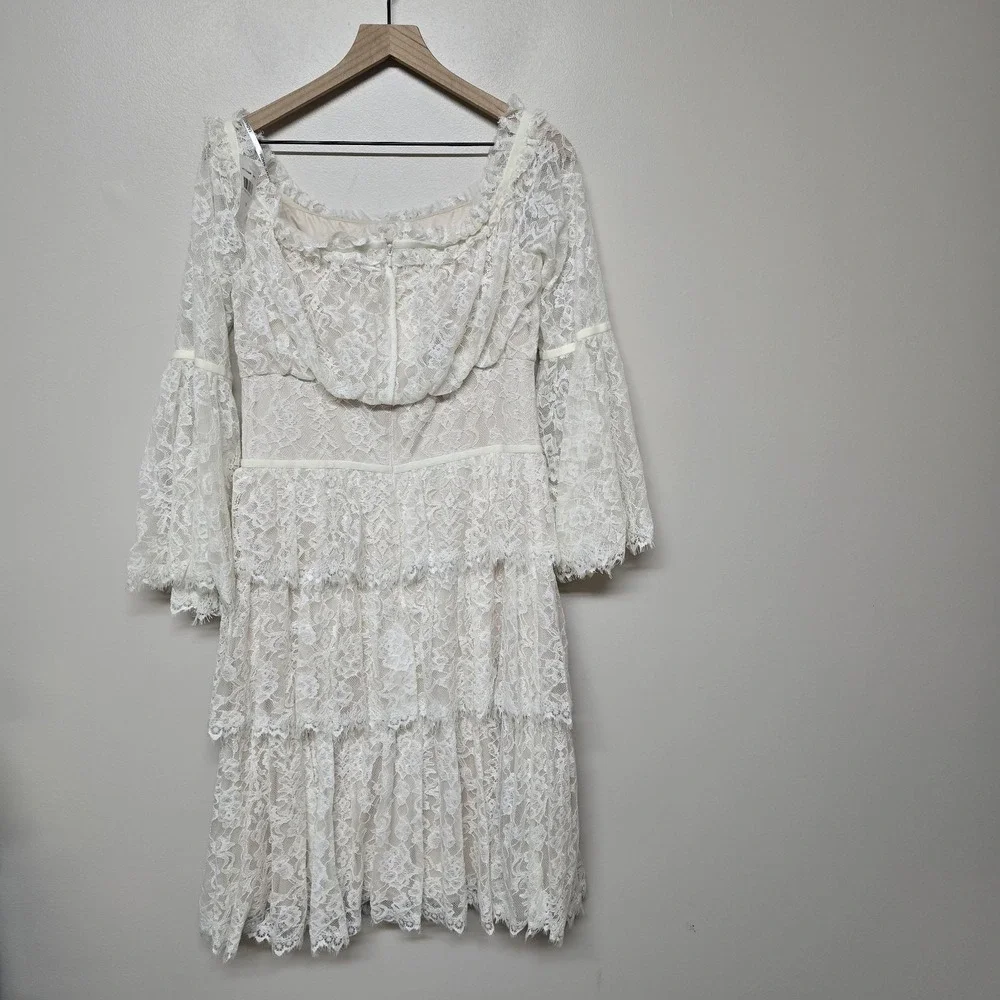 Tadashi Shoji Women Jacquin Off Shoulder Lace Tiered Bell Sleeve Dress Sz 12 NWT
